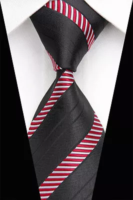 GORGEOUS TIE > Classic Mens Black Red White Stripe Silk Formal Work Necktie  • £7.99